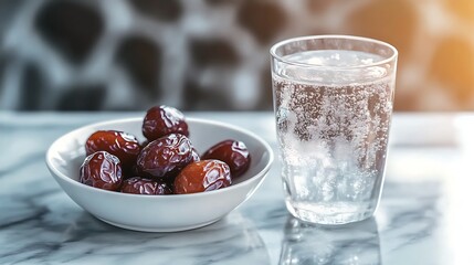 Bowl of Dates with Sparkling Water on Marble Background with Light Reflections