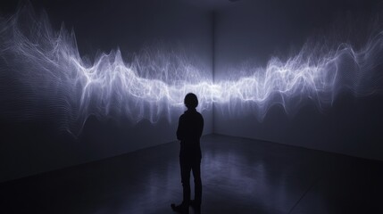 Fototapeta premium Explore Abstract Digital Waves and Human Silhouette in Interactive Art, blending motion and tech