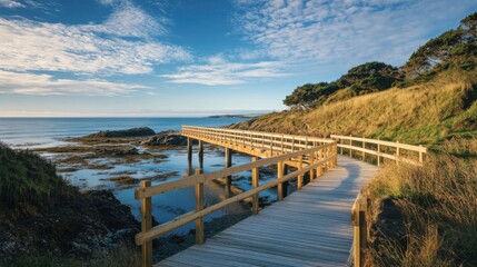 a wooden walkway leading to a beach with a body of water