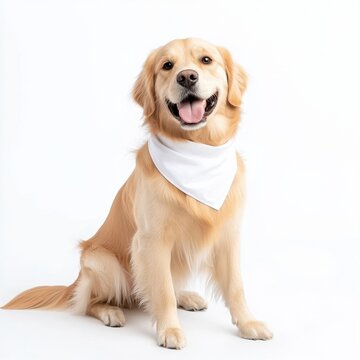 Bandanas mockup concept. A cheerful golden retriever wearing a white bandana, sitting against a clean white background, radiating joy and friendliness.