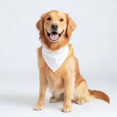 Bandanas mockup concept. A cheerful golden retriever sits proudly wearing a white bandana, exuding friendliness and charm against a light background.