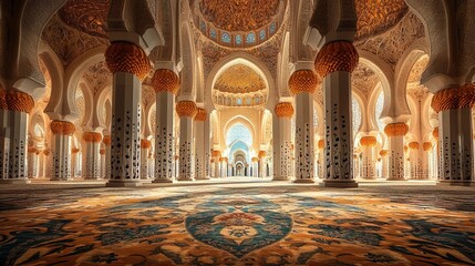 Obraz premium The interior of a grand mosque with intricate Islamic art on the walls, high ceilings, and carpeted floors 