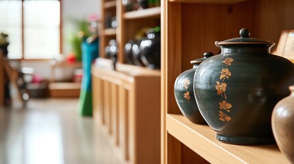 A beautiful collection of traditional ceramic pots displayed on wooden shelves, showcasing intricate designs and craftsmanship.