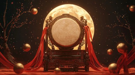 A traditional Chinese drum displayed at the center, surrounded by an ornate, circular platform with intricate golden details