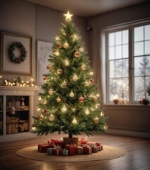 Christmas tree with twinkling lights and ornaments, shine, holiday, winter