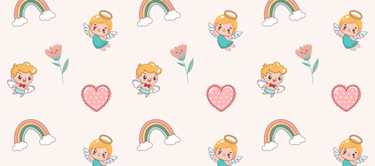 Fototapeta premium Seamless children's pattern with angels and a heart in delicate colors. Ornament for fabric, products for children, packaging. Sample in swatches.
