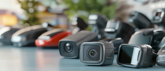 Obraz premium A close-up of modern camcorders and action cameras arranged on a surface, showcasing innovation in recording technology.