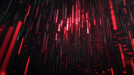 Dark digital stock market chart with glowing red bars, economic downturn, intense and dramatic, futuristic and high-tech concept