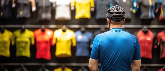 Naklejka premium A cyclist in a blue shirt looks at a display of colorful cycling jerseys in a shop, ready to choose gear for an exciting ride.