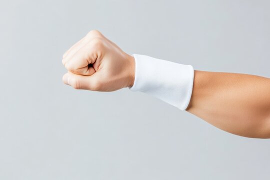 Sport sweatband mockup concept. Clenched fist with a white bandage on the wrist against a neutral background, symbolizing strength and readiness.