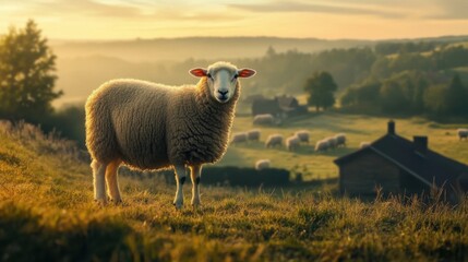 Fototapeta premium a sheep standing on a hill with a herd of sheep in the background