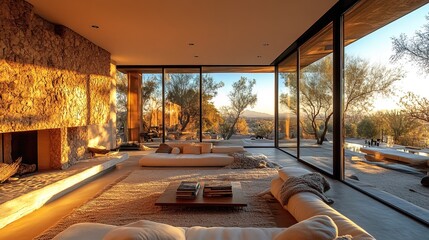 Minimalist luxury retreat in the desert with large windows, natural textures, and a serene view 