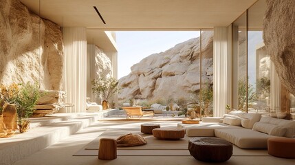 Minimalist luxury retreat in the desert with large windows, natural textures, and a serene view 