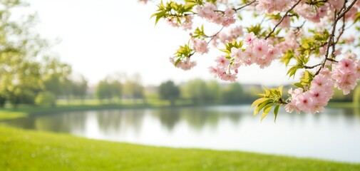 Cherry blossoms bloom by peaceful lake during soft spring morning light