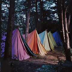 Colorful Camping Tents in a Forest: A Serene Escape