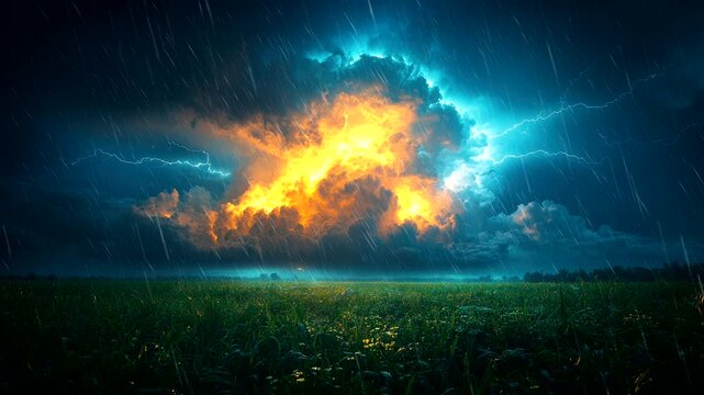 Exploding storm cloud with fiery lightning and dramatic colors over a grassy field seamless looping 4k time-lapse animation video background