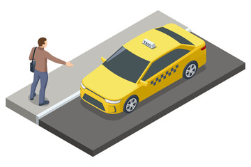 A man hails a yellow taxi on the street in an isometric vector style, representing urban mobility and ride-hailing services. Taxi transport, service. Taxi car. © Golden Sikorka