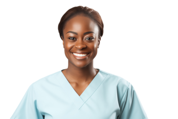 Smiling Black Nurse on Transparent Background - Compassionate and Professional Healthcare Worker in Uniform, Representing Diversity and Excellence in Modern Medicine. Png cut out. Isolated image.