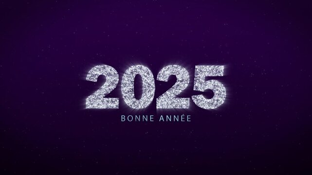 Bonne annee 2025. Happy New Year 2025 French greeting. Sparkling animated letters and numbers on dark blue background. Horizontal silver fireworks.