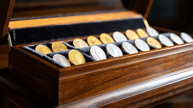 A beautifully arranged box of coins showcasing both gold and silver. Perfect for financial or investment themed projects.