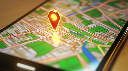 Obraz premium Close-up view of a smartphone map with a location pin highlighting a specific area during daylight hours