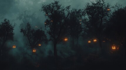 dark haunted forest with glowing jack-o-lanterns and lanterns, fog rolling in, eerie and mysterious, high detail, spooky Halloween atmosphere