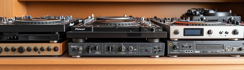 Obraz premium A collection of professional audio equipment including turntables and mixers arranged neatly on a wooden shelf.
