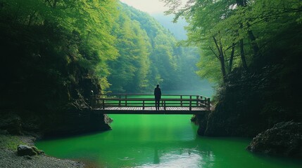 Fototapeta premium Person on a wooden bridge over a vibrant green river surrounded by lush forests