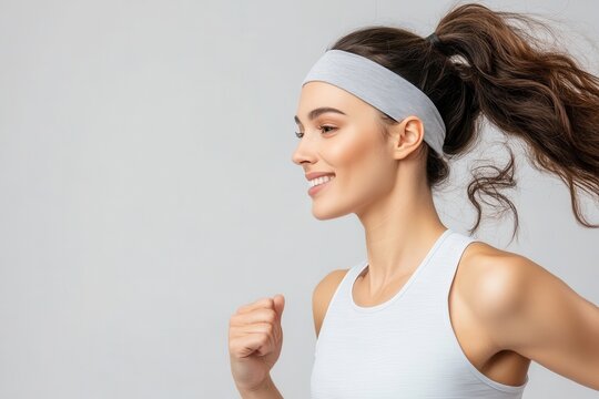 Sport headband mockup concept. A smiling woman in activewear runs energetically, showcasing fitness and determination against a neutral background.