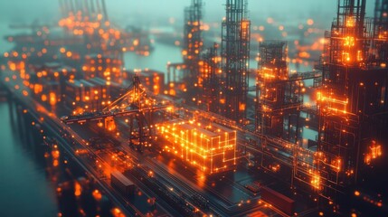 Fototapeta premium A glowing digital grid network lights surrounding an industrial shipping port.