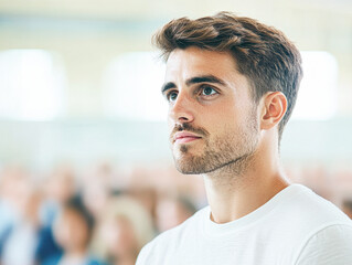 Fototapeta premium Professional young man in thoughtful discussion portrait at conference hall