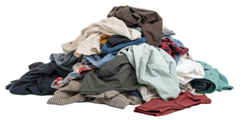Pile of dirty clothes isolated on a transparent or white background. Perfect for laundry, cleaning, and household-themed design projects or advertisements