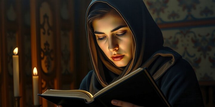 A woman wearing a grey scarf is reading a book. The scene is set in a dimly lit room with several lanterns hanging from the ceiling. The woman is focused on her reading