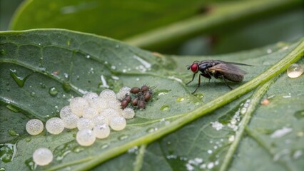 Naklejka premium Close-up of flesh fly eggs hatching on damp leaf, maggot, larva, entomology, insect