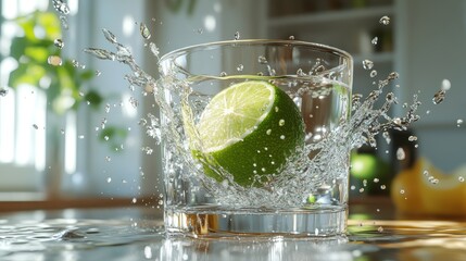 a whole lime dropping into a glass of water, captured mid-splash