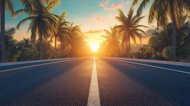 Asphalt road with palm trees on both sides and a sunset cinamatic view.