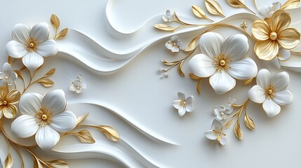 3D wallpaper with a white and gold floral background