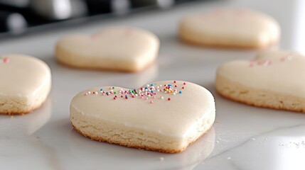 Fototapeta premium Heart-shaped cookies, icing, sprinkles, kitchen counter, baking. Use recipe website, food blog