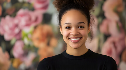 Portrait of an empowered African American young woman smiling with an out of focus floral background, highlighting diversity and feminist strength