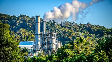 Obraz premium image of a geothermal power plant with steam rising, showcasing the use of natural heat for electricity and its environmental benefits Electricity generation.Effects. 