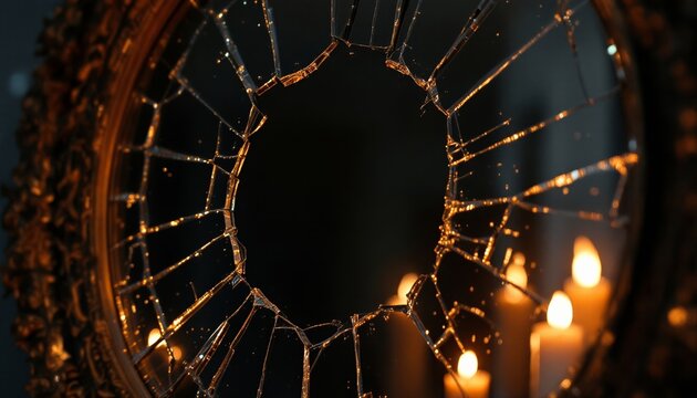 Shattered mirror reflection with candlelight in dark ambiance - Powered by Adobe