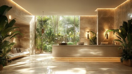 Luxury hotel lobby, tropical view, reception desk