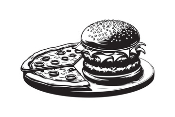 Hand-Drawn Fast Food Sketch of Burger and Pizza Slice