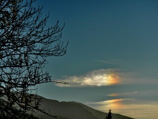 Colorful picturesque sky with Parhelion on Cirrostratus clouds over misty Tatras, Tatra Mountains in Poland and dark branches trees in autumn. Topics: optical phenomenon, air space, weather