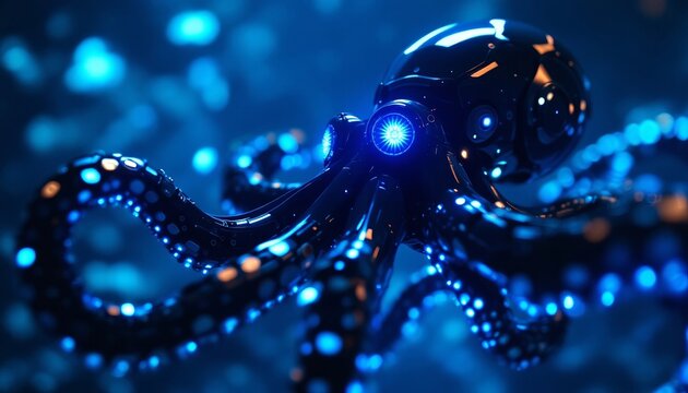 Futuristic robotic octopus with glowing blue tentacles underwater