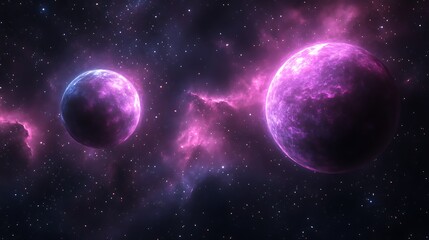 Obraz premium Two glowing planets in a nebula.
