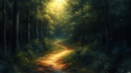 Naklejka premium Sunlit path winding through a mystical forest.