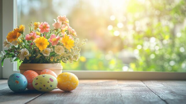 decorative Easter setup with colorful eggs on wooden table, soft natural light, high detail, cheerful and vibrant, inviting and cozy spring vibe