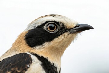 Fototapeta premium Close-up portrait of a black eared wheatear's eyes with sharp facial features and distinctive black stripe across the forehead, bird face, feathers, close up, ornithology