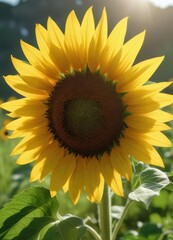 Obraz premium Close-up shot of a single large sunflower facing the sun in a lush green meadow, grass, bloom